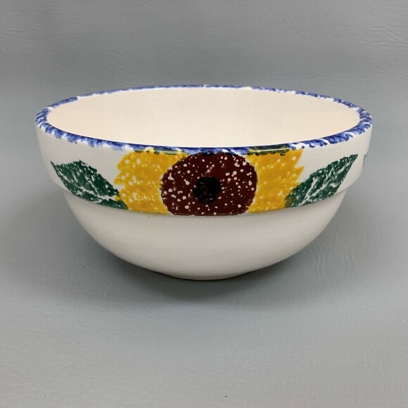 Santa Ana Crock Shop Serving Bowl Sunflower White Yellow Green Blue Trim - Picture 1 of 7